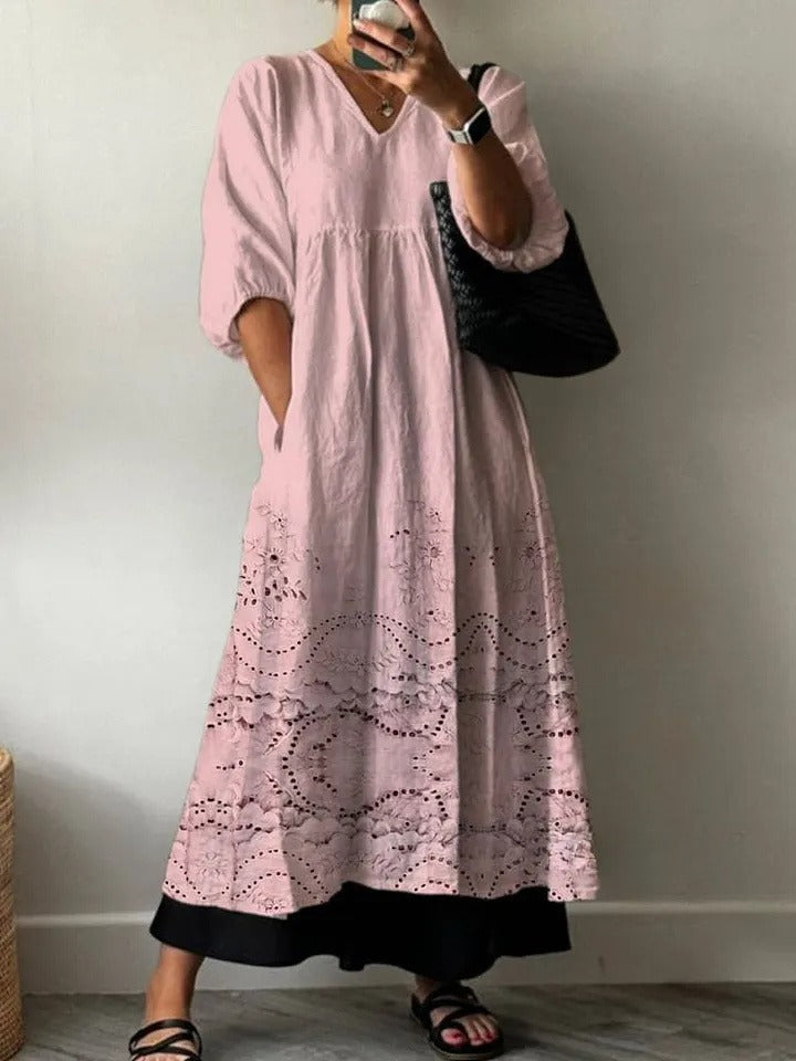 Women's Vintage Lovely Floral Lace Pattern Art Print Pocket V-neck Cotton Dress
