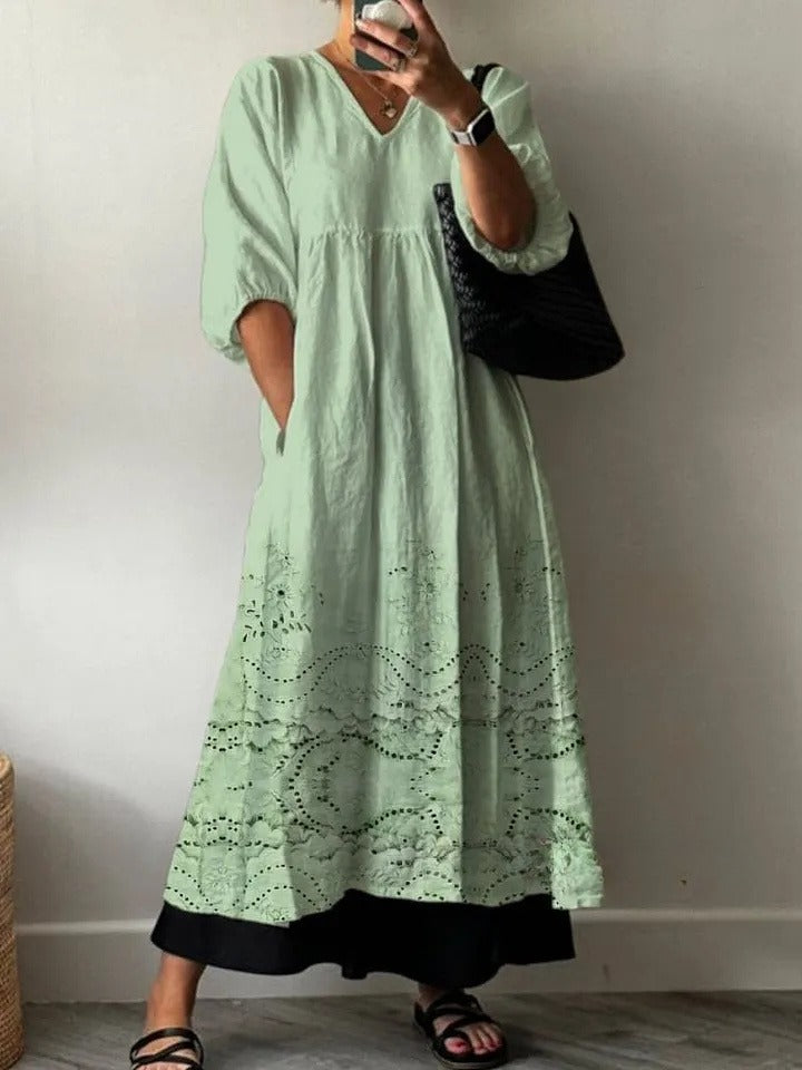 Women's Vintage Lovely Floral Lace Pattern Art Print Pocket V-neck Cotton Dress