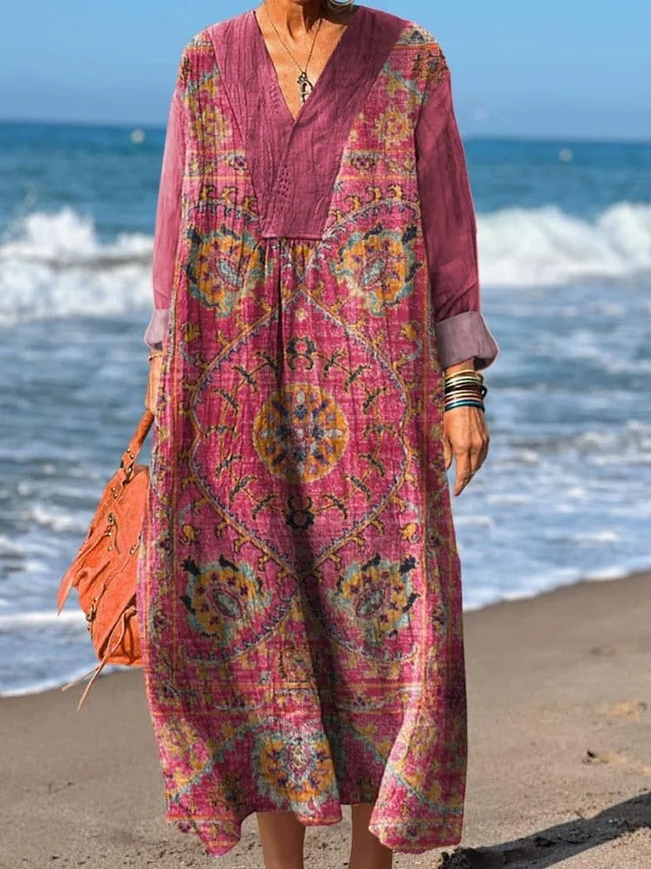 Women's Retro Art Print V-Neck Long Sleeve Dress