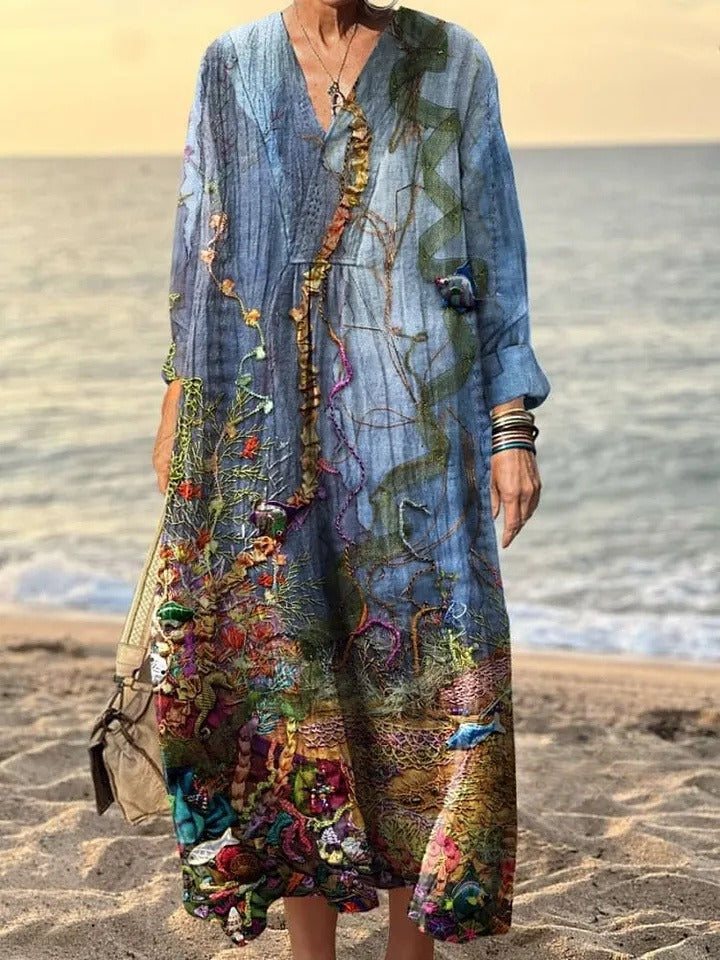 Women's Retro Art Print V-Neck Long Sleeve Dress
