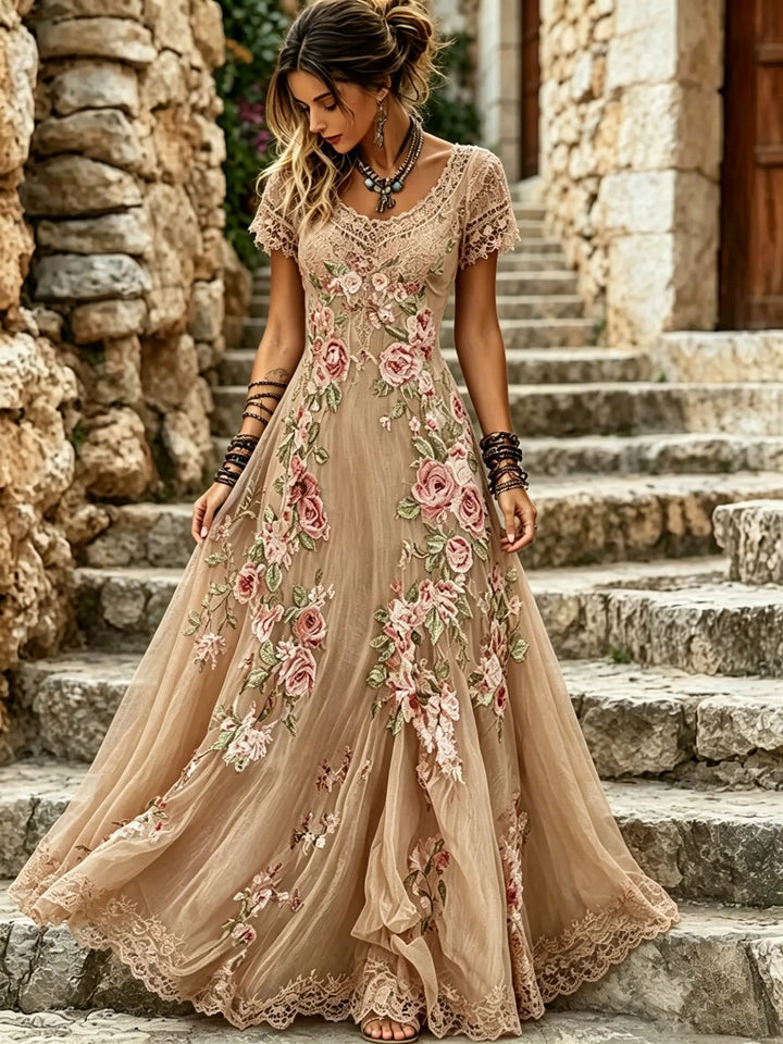 Women's Lace & Floral Art Print Cotton Maxi Dress