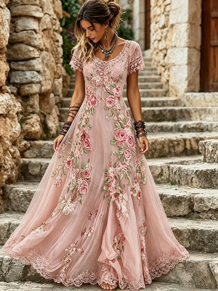 Women's Lace & Floral Art Print Cotton Maxi Dress