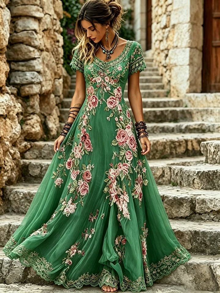 Women's Lace & Floral Art Print Cotton Maxi Dress