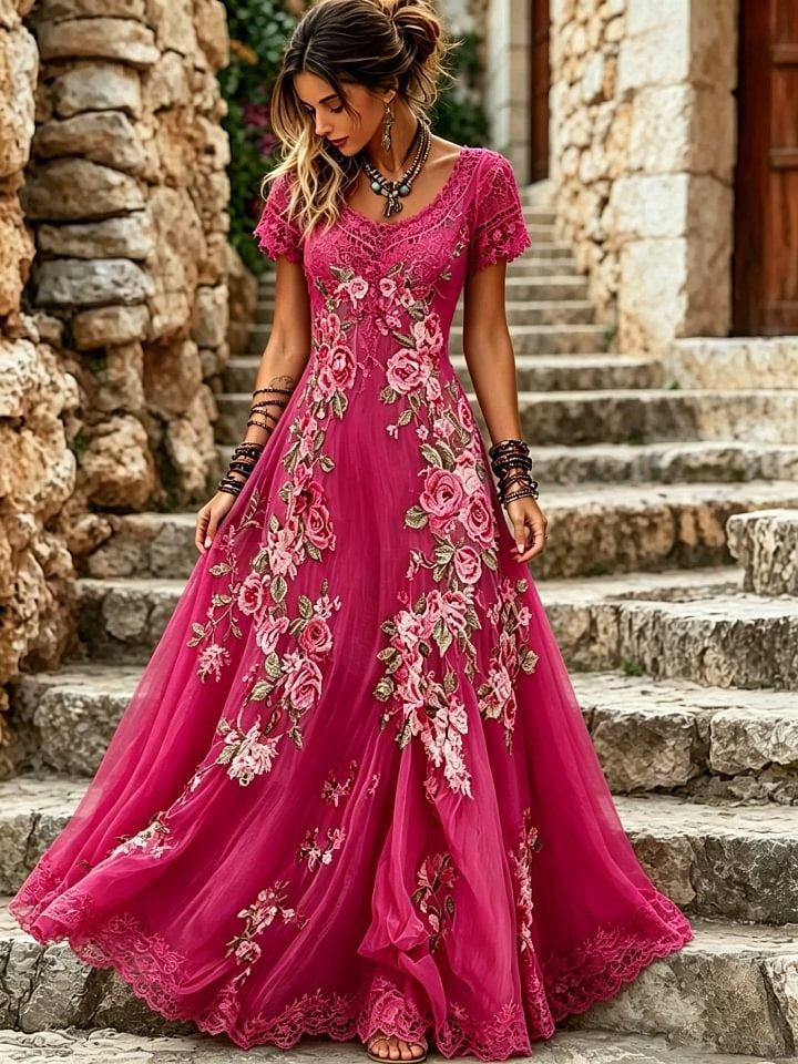 Women's Lace & Floral Art Print Cotton Maxi Dress