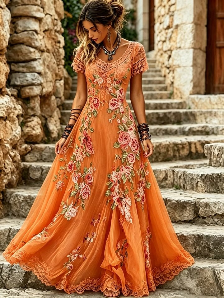 Women's Lace & Floral Art Print Cotton Maxi Dress