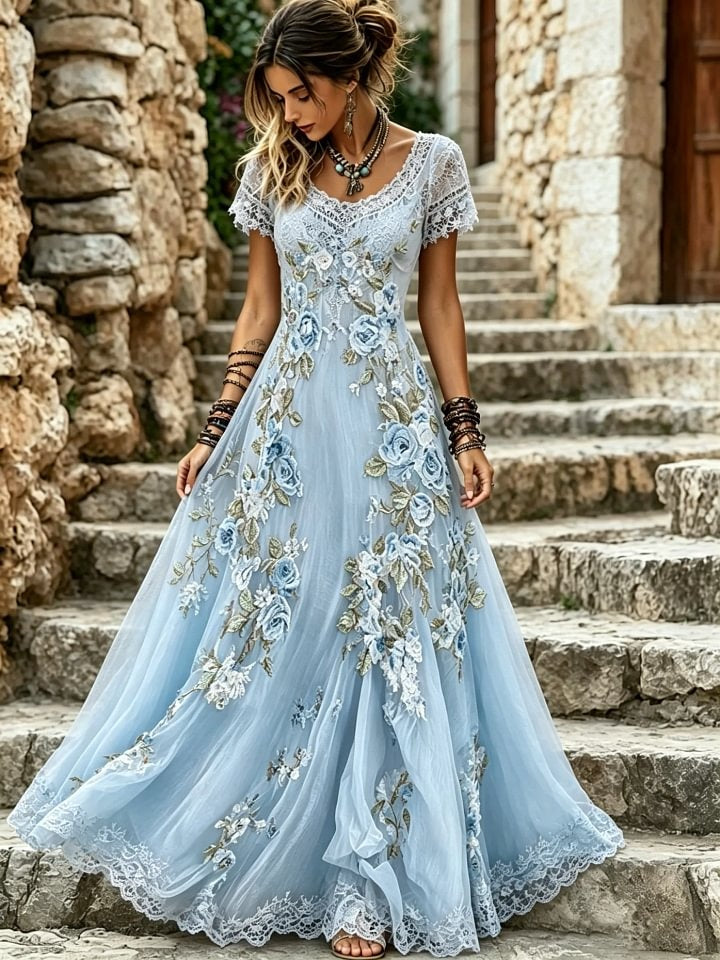 Women's Lace & Floral Art Print Cotton Maxi Dress