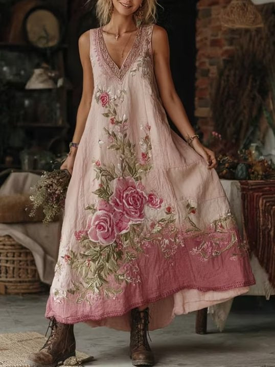 Women's Retro Bohemian Floral Art Print Casual Sleeveless V-neck Cotton Linen Dress