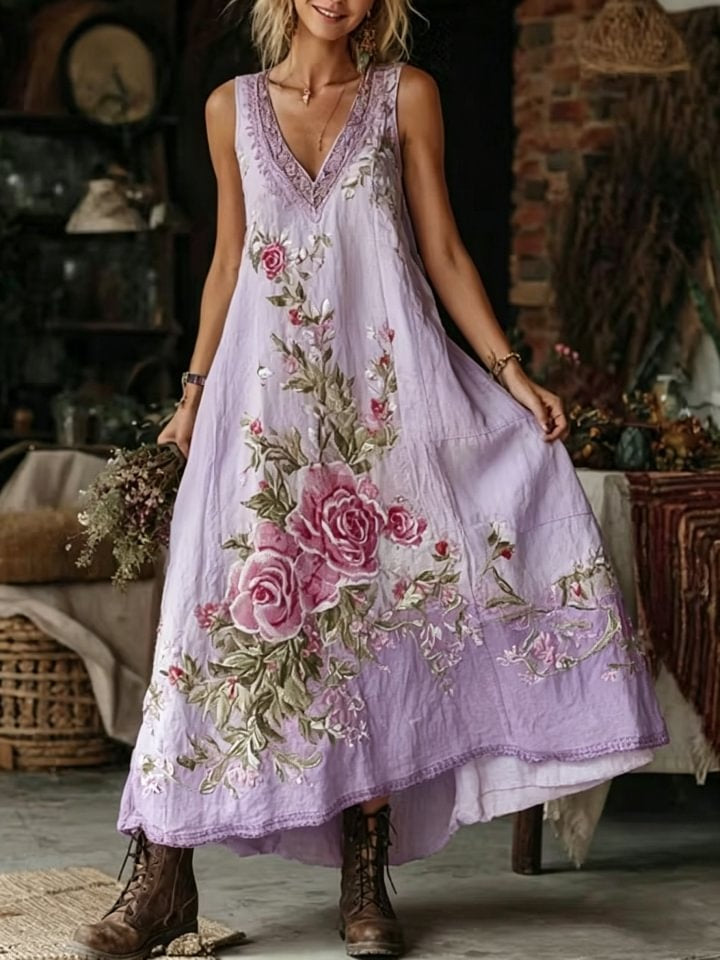 Women's Retro Bohemian Floral Art Print Casual Sleeveless V-neck Cotton Linen Dress