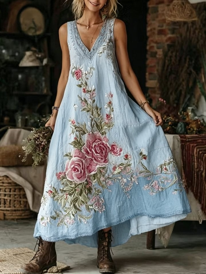 Women's Retro Bohemian Floral Art Print Casual Sleeveless V-neck Cotton Linen Dress