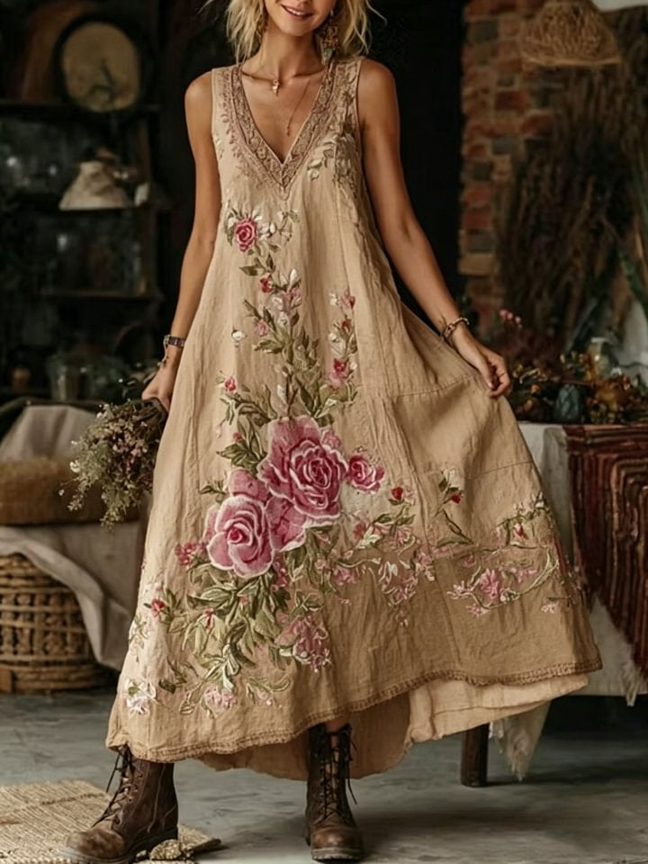 Women's Retro Bohemian Floral Art Print Casual Sleeveless V-neck Cotton Linen Dress