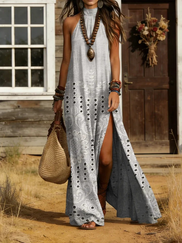 Women's Retro Floral Art Print Casual Sleeveless Stand Collar Cotton Linen Dress