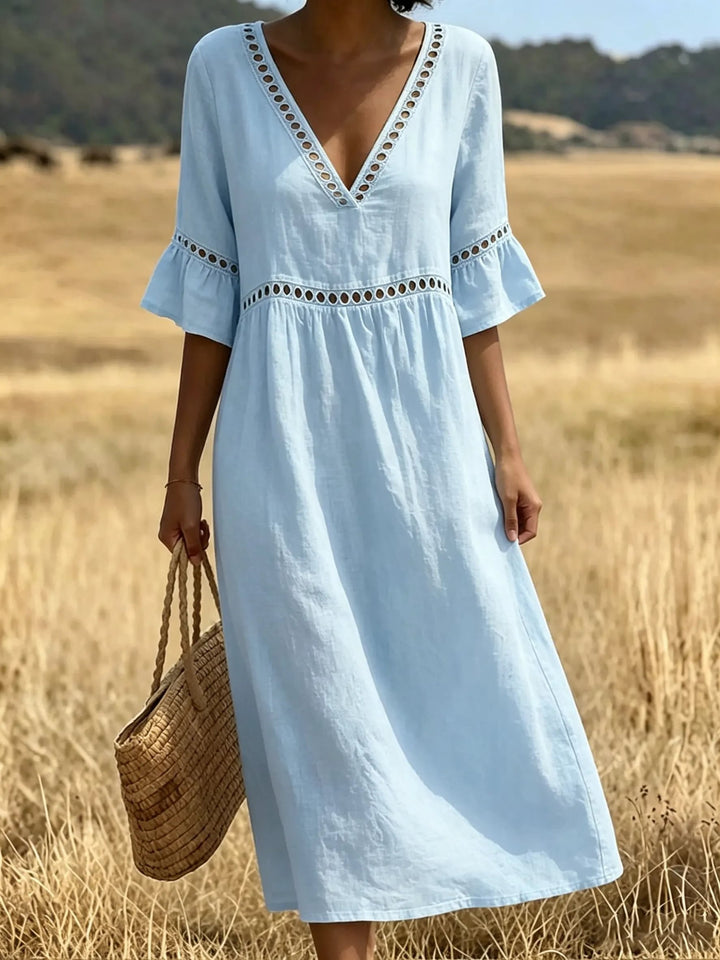 Women's Eyelet V-Neck Flare Sleeve Cotton Poctket Dress