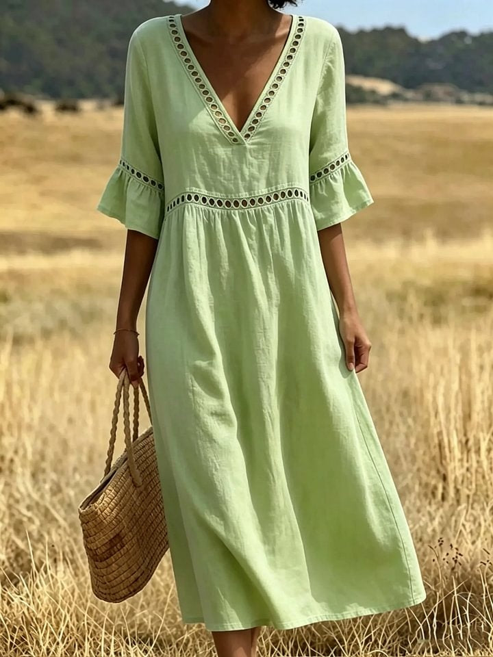Women's Eyelet V-Neck Flare Sleeve Cotton Poctket Dress