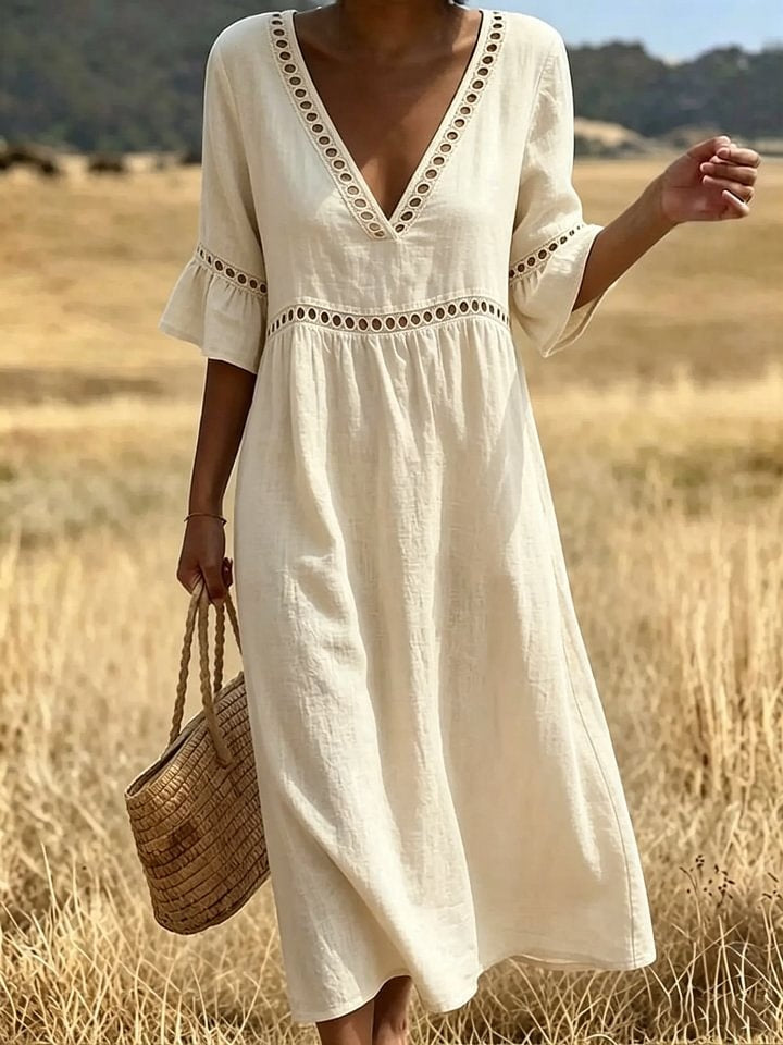 Women's Eyelet V-Neck Flare Sleeve Cotton Poctket Dress