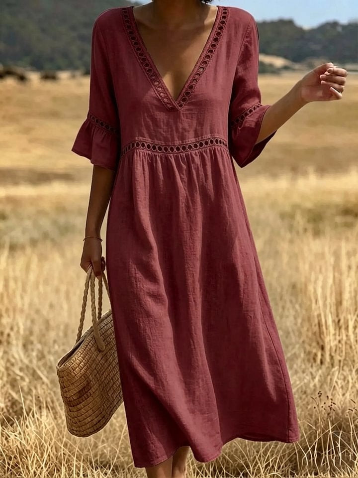 Women's Eyelet V-Neck Flare Sleeve Cotton Poctket Dress