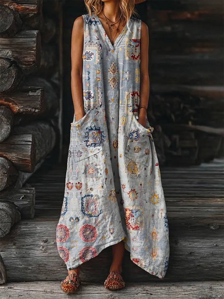 Ethnicity Totem Pattern Geometry Women's Art Print Pocket Cotton No-sleeved Dress