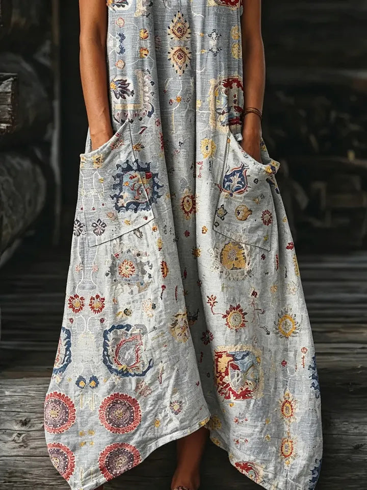 Ethnicity Totem Pattern Geometry Women's Art Print Pocket Cotton No-sleeved Dress