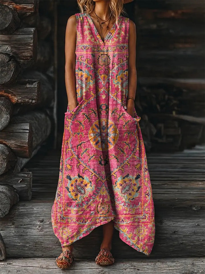 Retro Totem Pattern Women's Art Print Pocket Cotton No-sleeved Dress