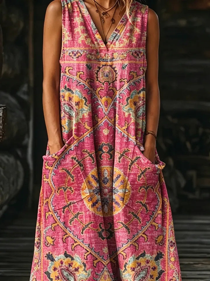 Retro Totem Pattern Women's Art Print Pocket Cotton No-sleeved Dress