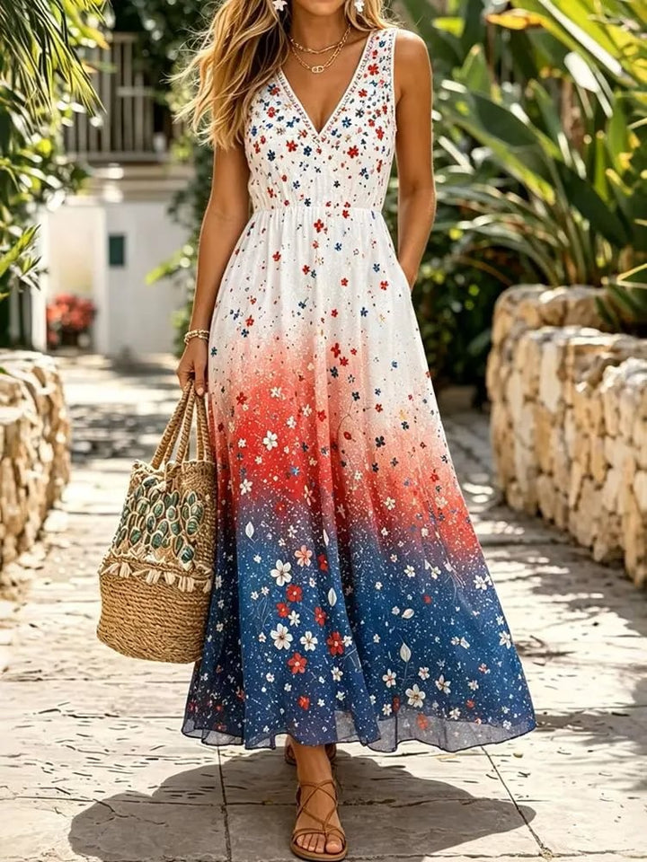 Women's Ombre Floral Print Cotton Sleeveless Maxi Dress