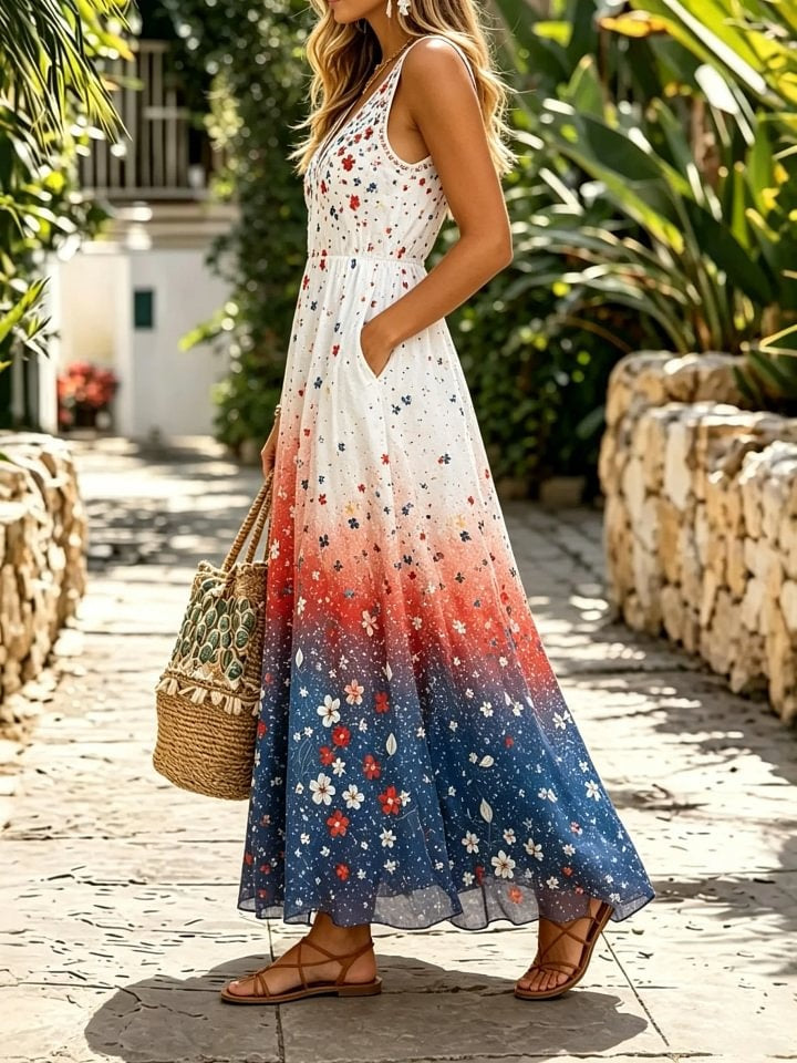 Women's Ombre Floral Print Cotton Sleeveless Maxi Dress