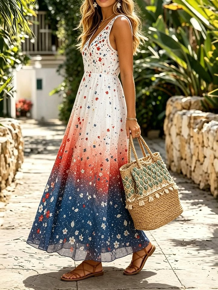 Women's Ombre Floral Print Cotton Sleeveless Maxi Dress