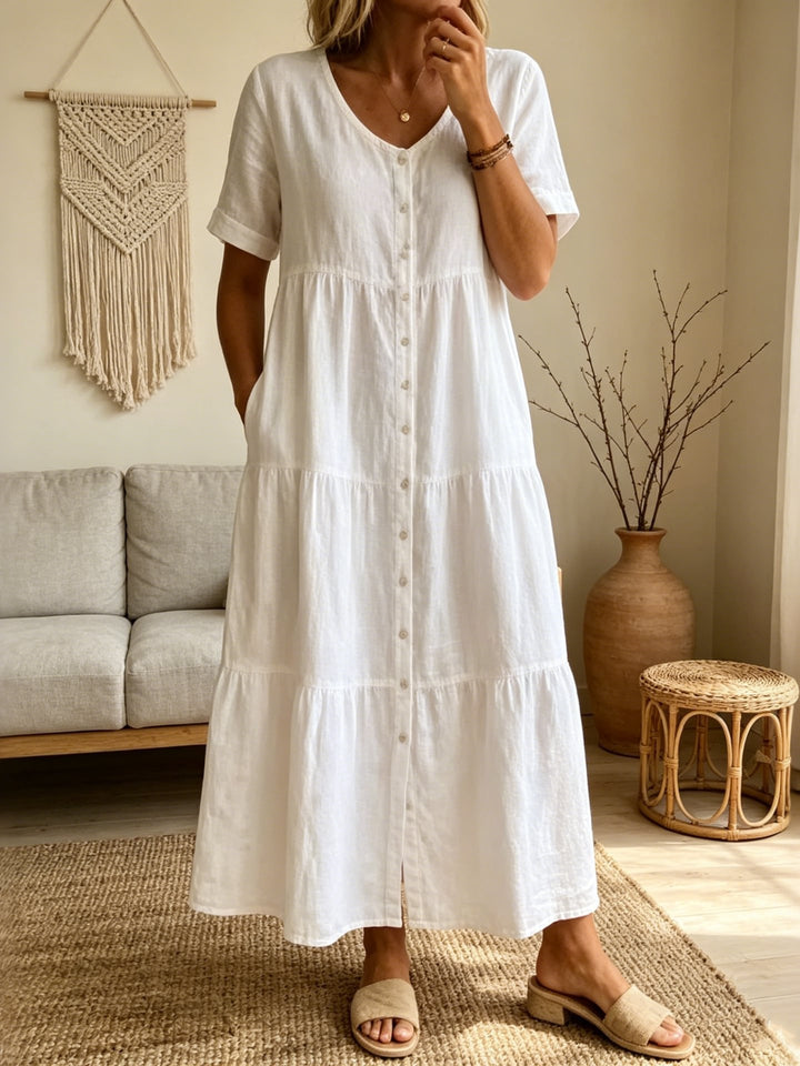 Women's Casual Short-sleeve V-neck Cotton Linen Cardigan Dress