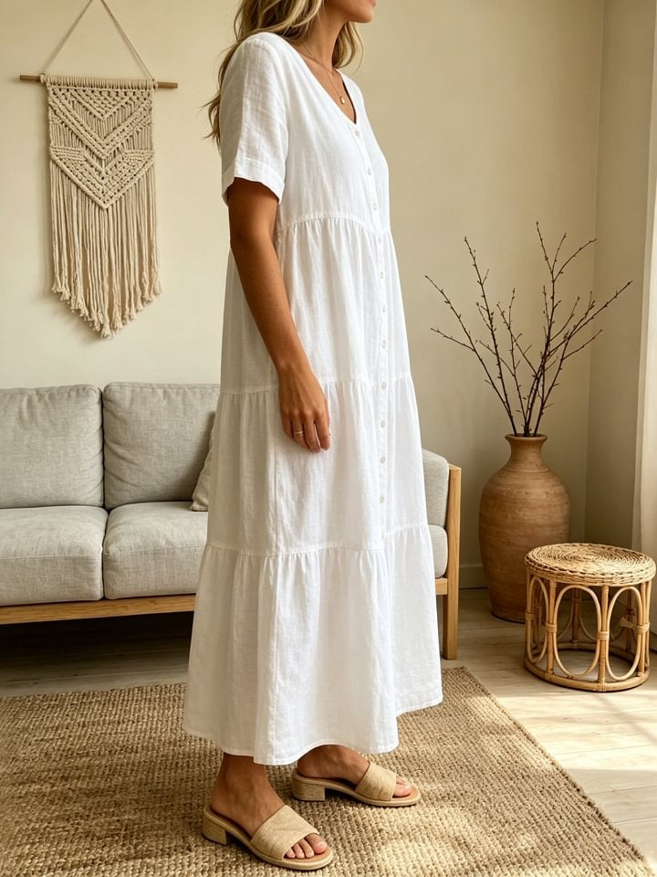 Women's Casual Short-sleeve V-neck Cotton Linen Cardigan Dress