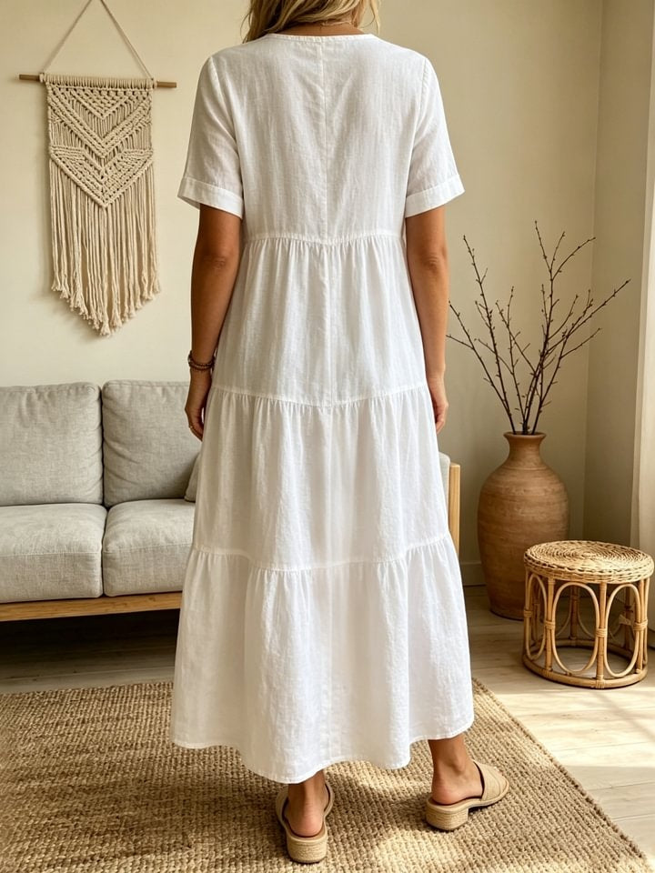 Women's Casual Short-sleeve V-neck Cotton Linen Cardigan Dress