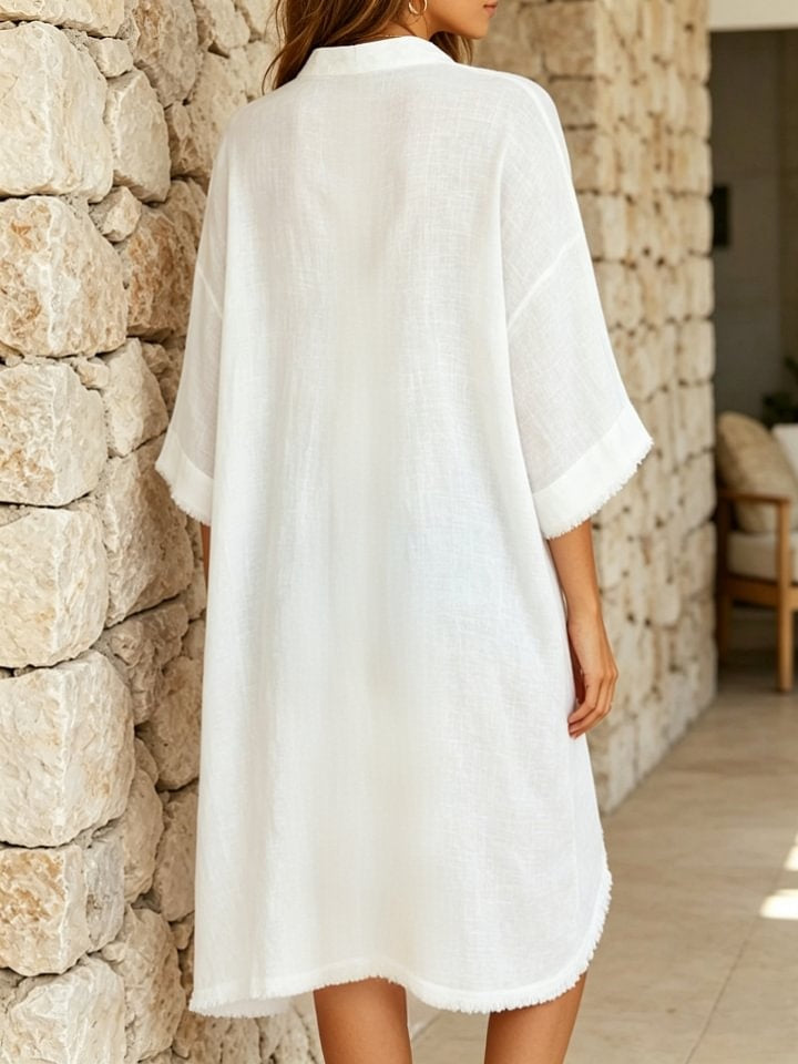 Women's Casual Three-quarter Sleeve Stand Collar Cotton Linen Cardigan Dress