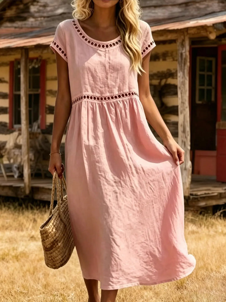 Women's Eyelet Round Neck Short Sleeve Cotton Midi Dress