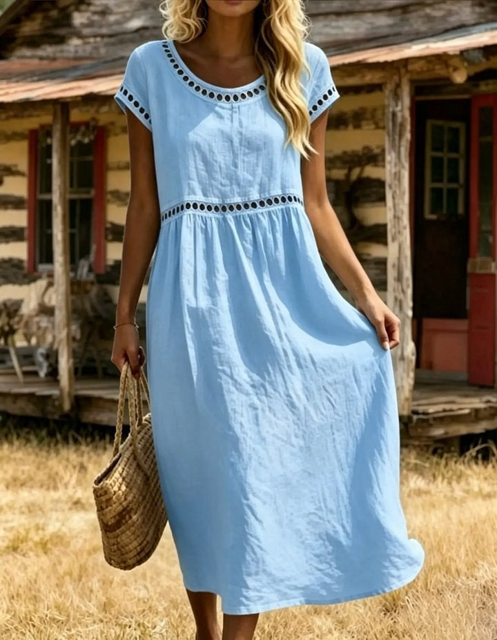 Women's Eyelet Round Neck Short Sleeve Cotton Midi Dress