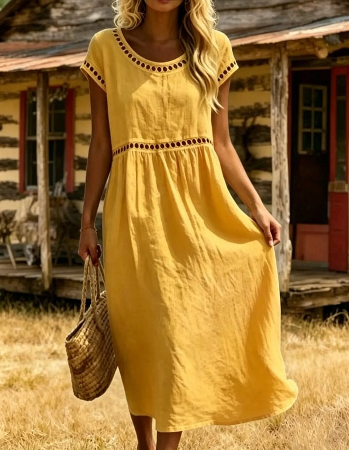 Women's Eyelet Round Neck Short Sleeve Cotton Midi Dress