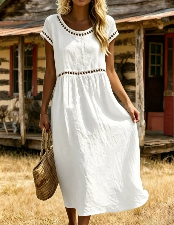 Women's Eyelet Round Neck Short Sleeve Cotton Midi Dress