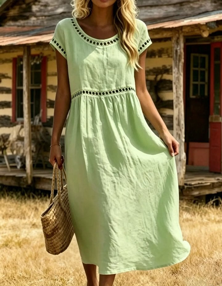 Women's Eyelet Round Neck Short Sleeve Cotton Midi Dress
