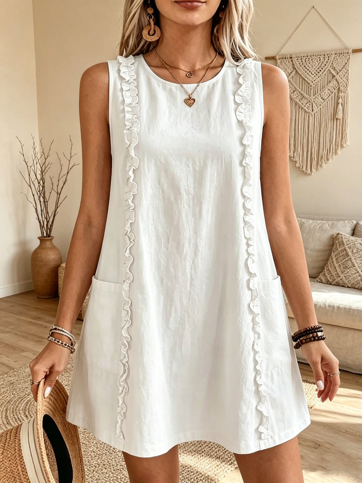 Women's Casual Sleeveless Round Neck Cotton Linen Ruffle Short Dress