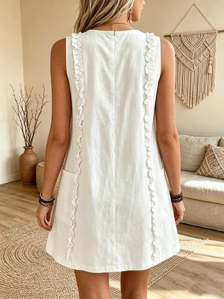 Women's Casual Sleeveless Round Neck Cotton Linen Ruffle Short Dress