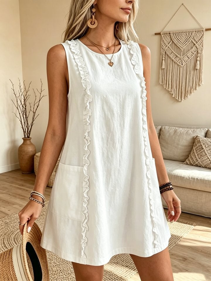 Women's Casual Sleeveless Round Neck Cotton Linen Ruffle Short Dress