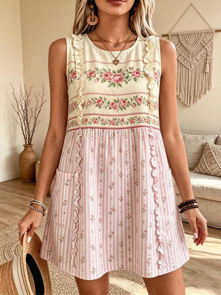 Women's Floral Striped Art Print Casual Sleeveless Round Neck Cotton Linen Ruffle Short Dress