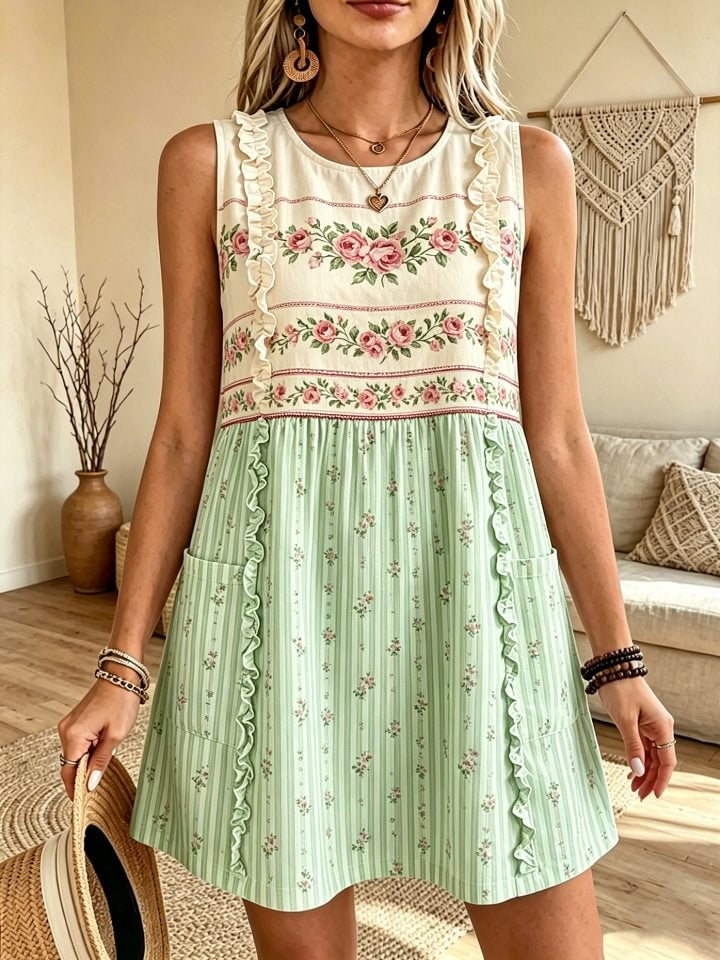 Women's Floral Striped Art Print Casual Sleeveless Round Neck Cotton Linen Ruffle Short Dress