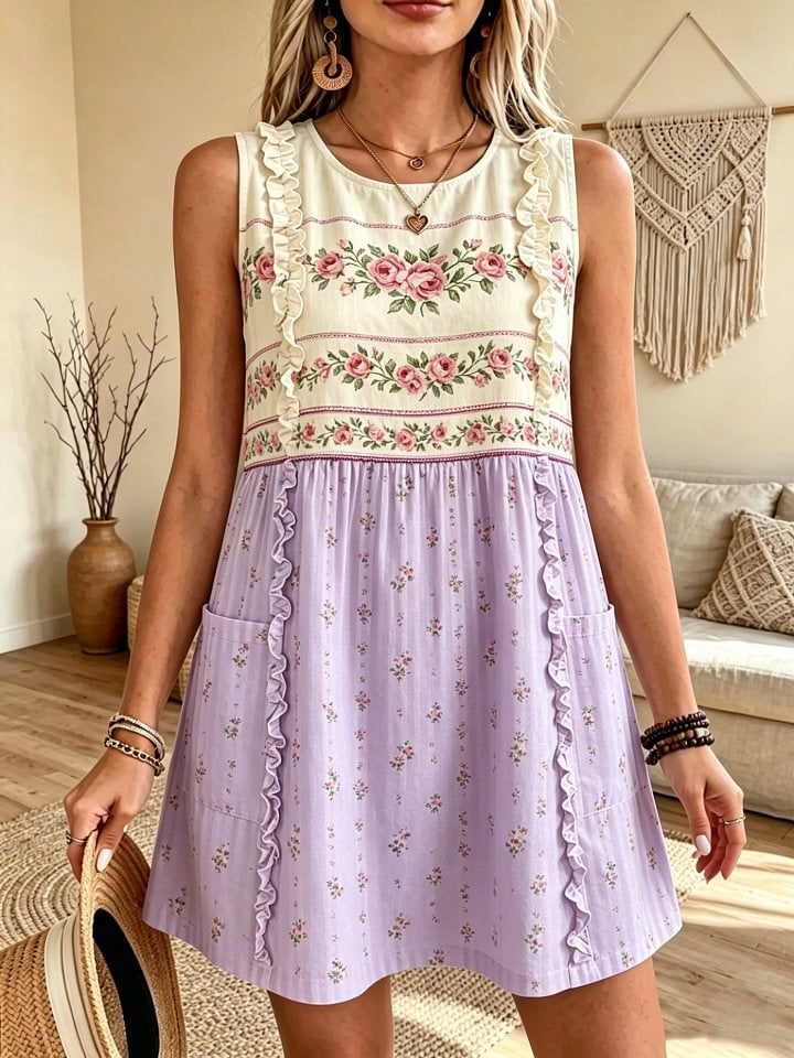 Women's Floral Striped Art Print Casual Sleeveless Round Neck Cotton Linen Ruffle Short Dress