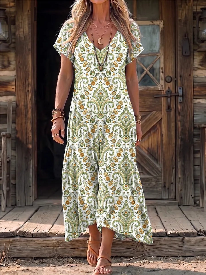 Ethnicity Totem Flowers Rhombus Women's Art Print Casual V-collar Short Sleeve Cotton Dress
