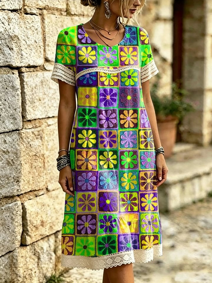 Women's Colorful Square Floral Print Lace Trim Midi Dress