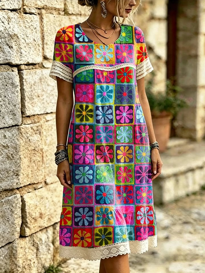 Women's Colorful Square Floral Print Lace Trim Midi Dress
