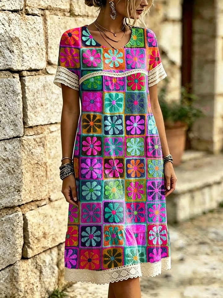 Women's Colorful Square Floral Print Lace Trim Midi Dress