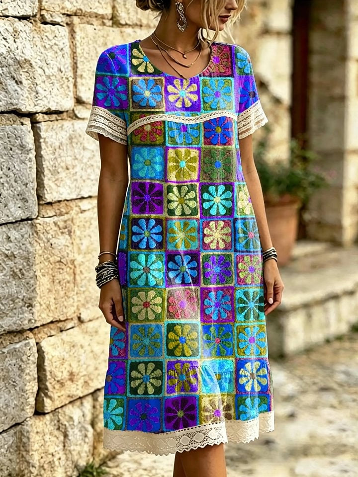 Women's Colorful Square Floral Print Lace Trim Midi Dress