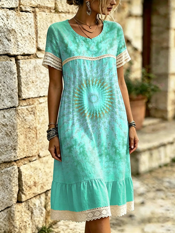 Women's Pink Tie-Dye Sunflower Print Lace Trim Midi Dress