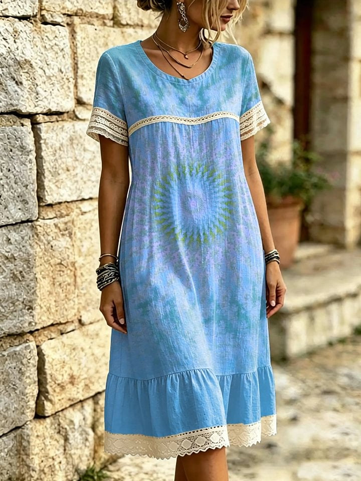 Women's Pink Tie-Dye Sunflower Print Lace Trim Midi Dress