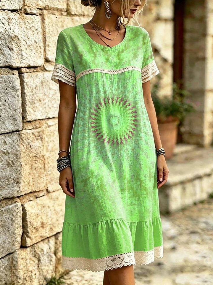 Women's Pink Tie-Dye Sunflower Print Lace Trim Midi Dress