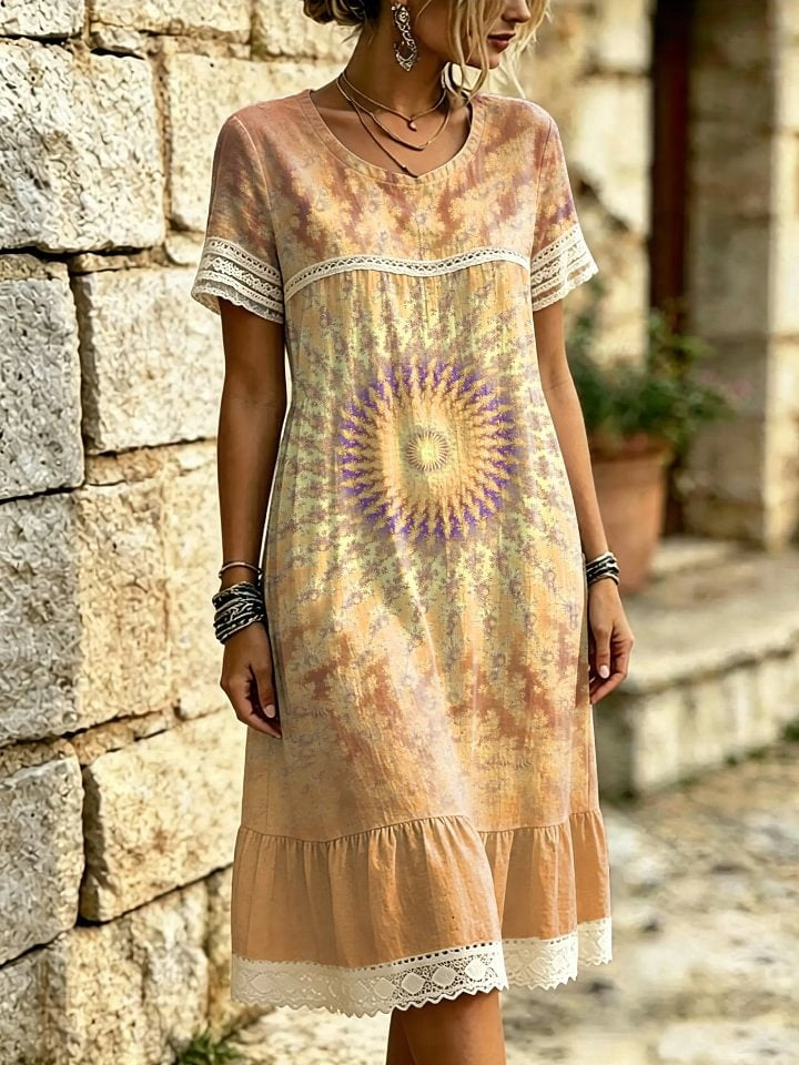 Women's Pink Tie-Dye Sunflower Print Lace Trim Midi Dress